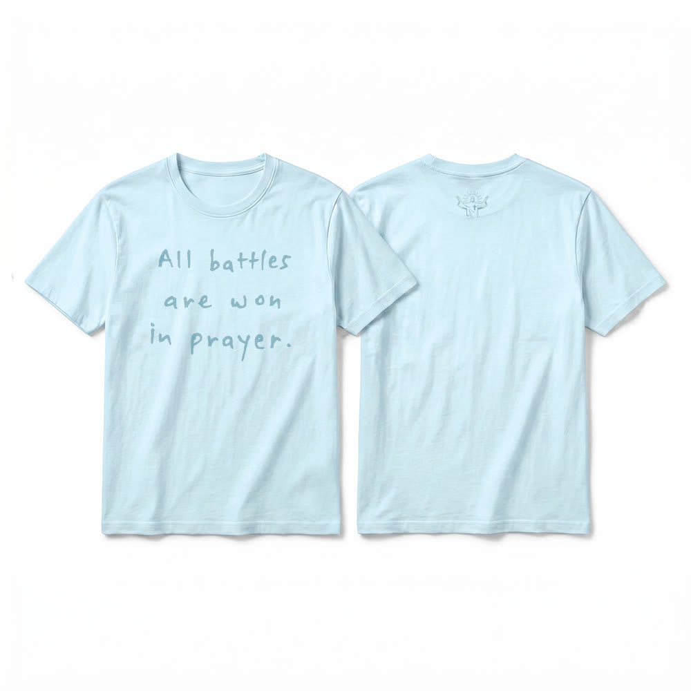 Christianartworkshop All Battles Are Won In Prayer Faith Affirmation Premium Short Sleeve T-Shirt - Blue - 2XL - image 16