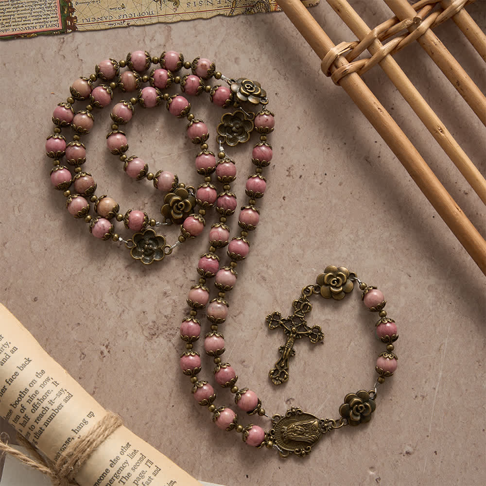Christianartworkshop Natural Rhodochrosite Rosary with Antique Bronze Rose Floral Accents - Our Lady & Crucifix - image 0