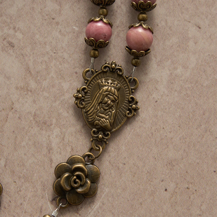 Christianartworkshop Natural Rhodochrosite Rosary with Antique Bronze Rose Floral Accents - image 6