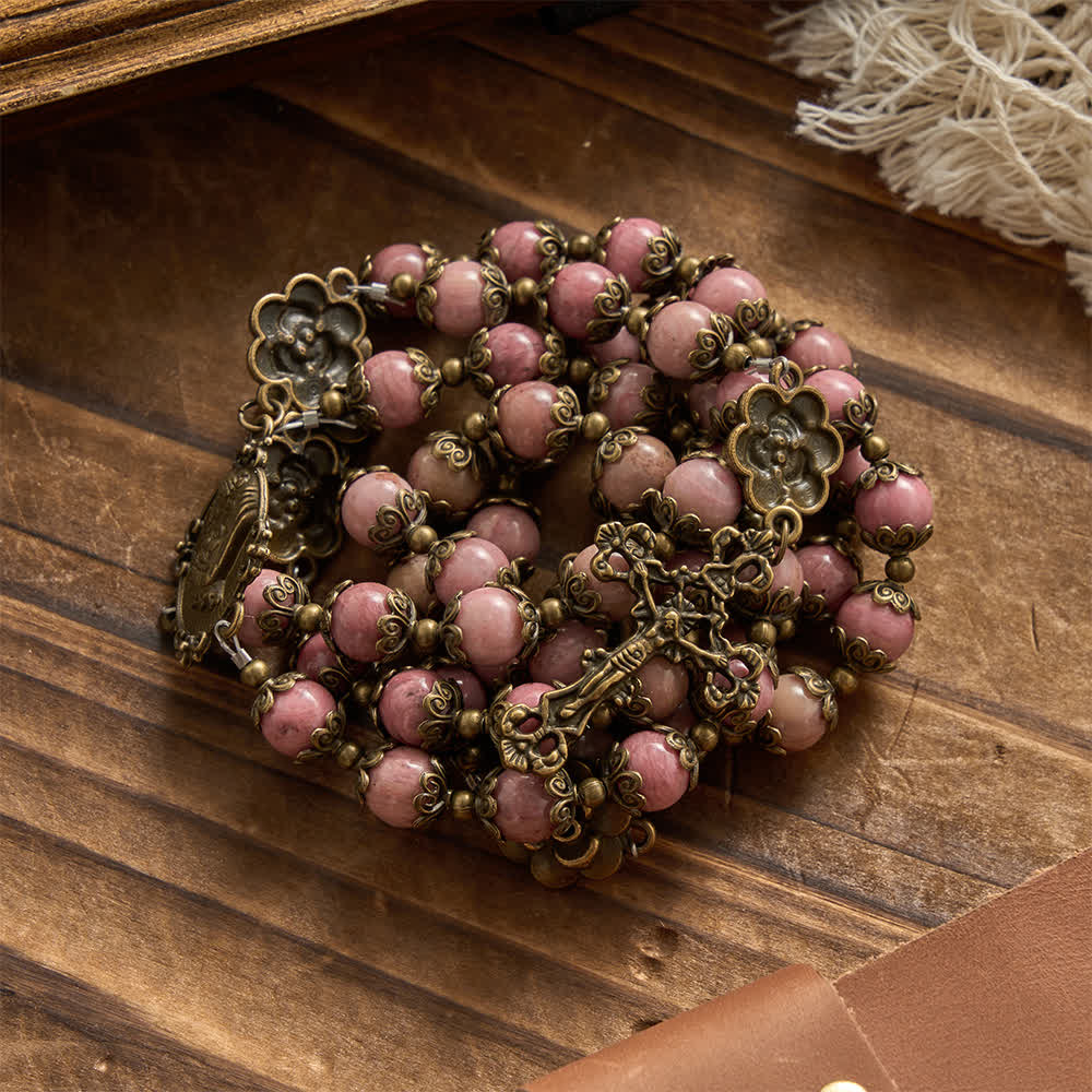 Christianartworkshop Natural Rhodochrosite Rosary with Antique Bronze Rose Floral Accents - image 2
