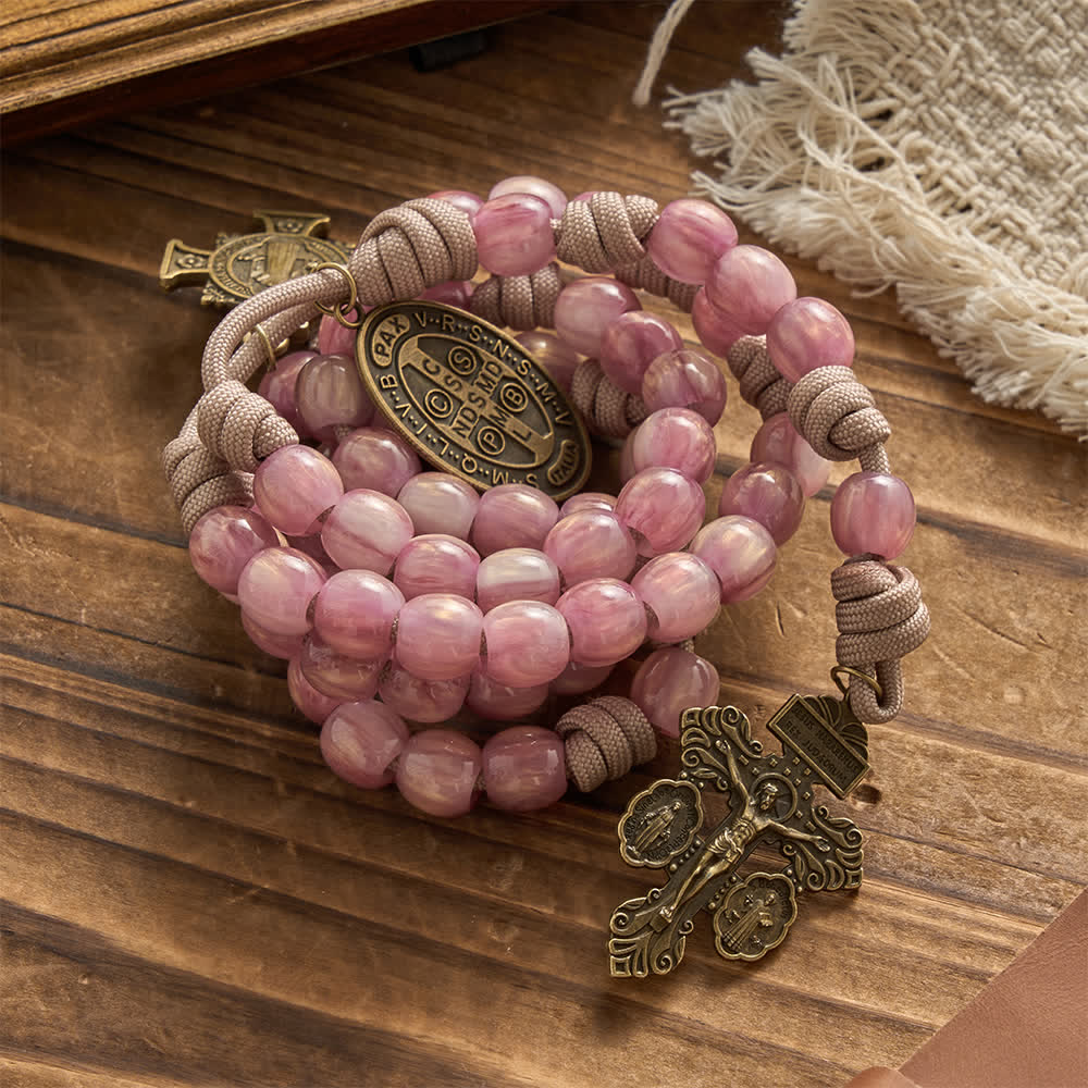Christianartworkshop Blush Pink Paracord Rosary with Antique Bronze St. Benedict - image 2