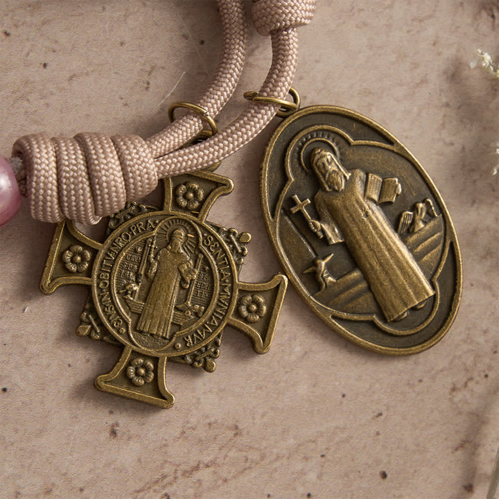 Christianartworkshop Blush Pink Paracord Rosary with Antique Bronze St. Benedict - image 7