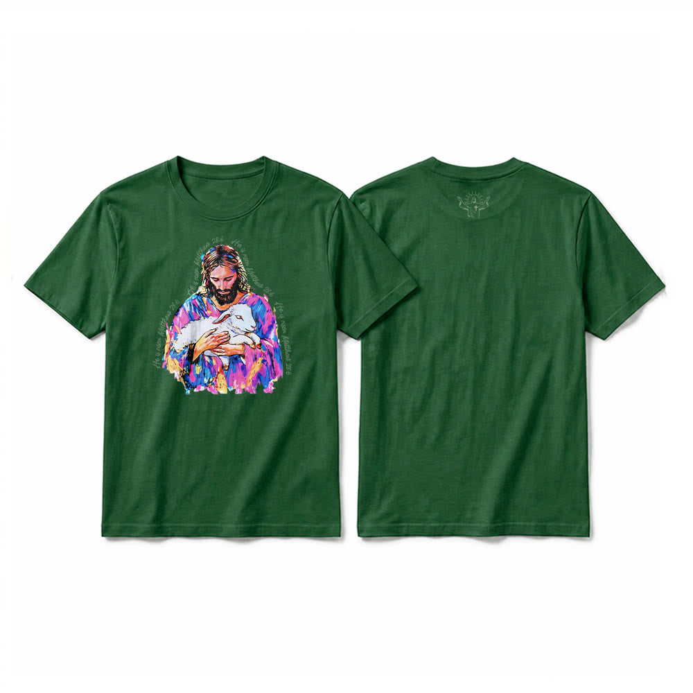 Christianartworkshop "He is Risen Matthew 28:6" Jesus and the Lamb Premium Short Sleeve T-Shirt - Dark Green - 2XL - image 4