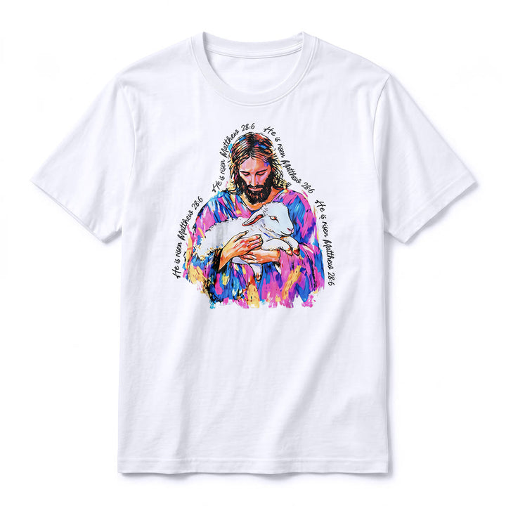Christianartworkshop "He is Risen Matthew 28:6" Jesus and the Lamb Premium Short Sleeve T-Shirt - image 14
