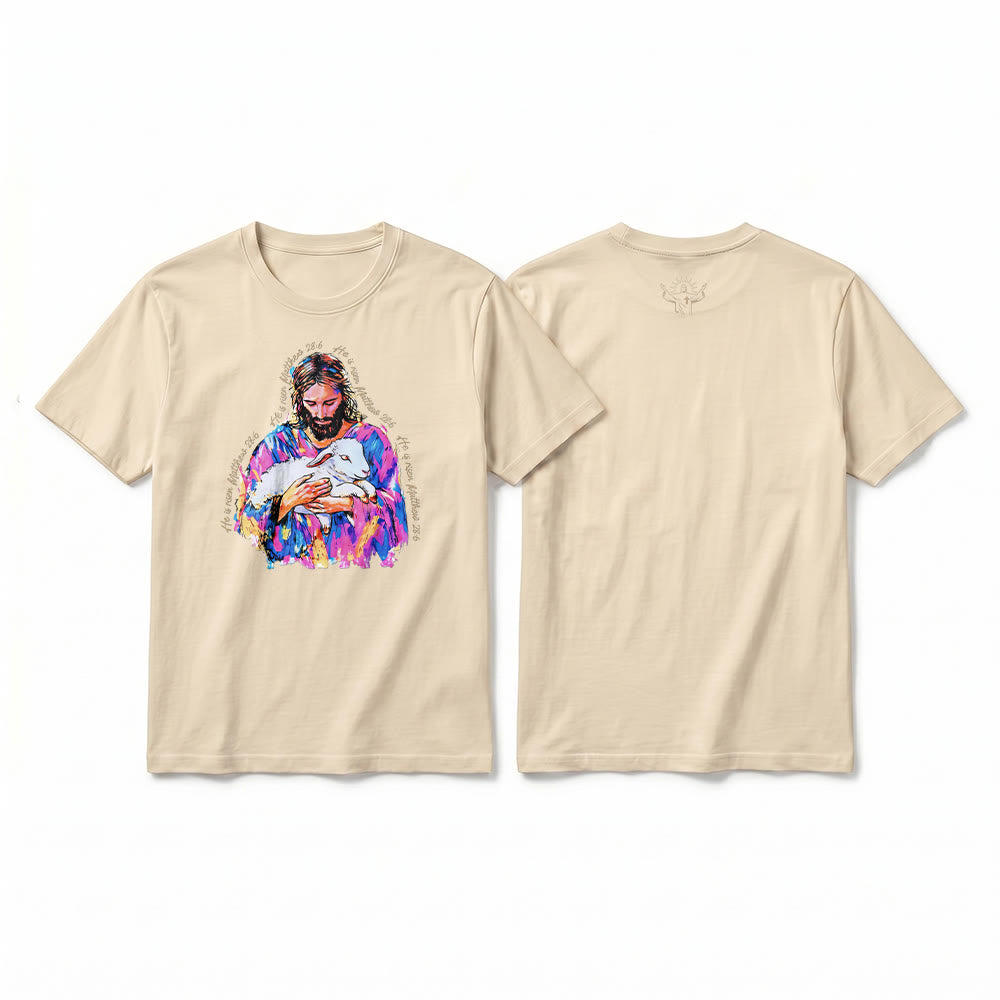 Christianartworkshop "He is Risen Matthew 28:6" Jesus and the Lamb Premium Short Sleeve T-Shirt - Beige - 2XL - image 1