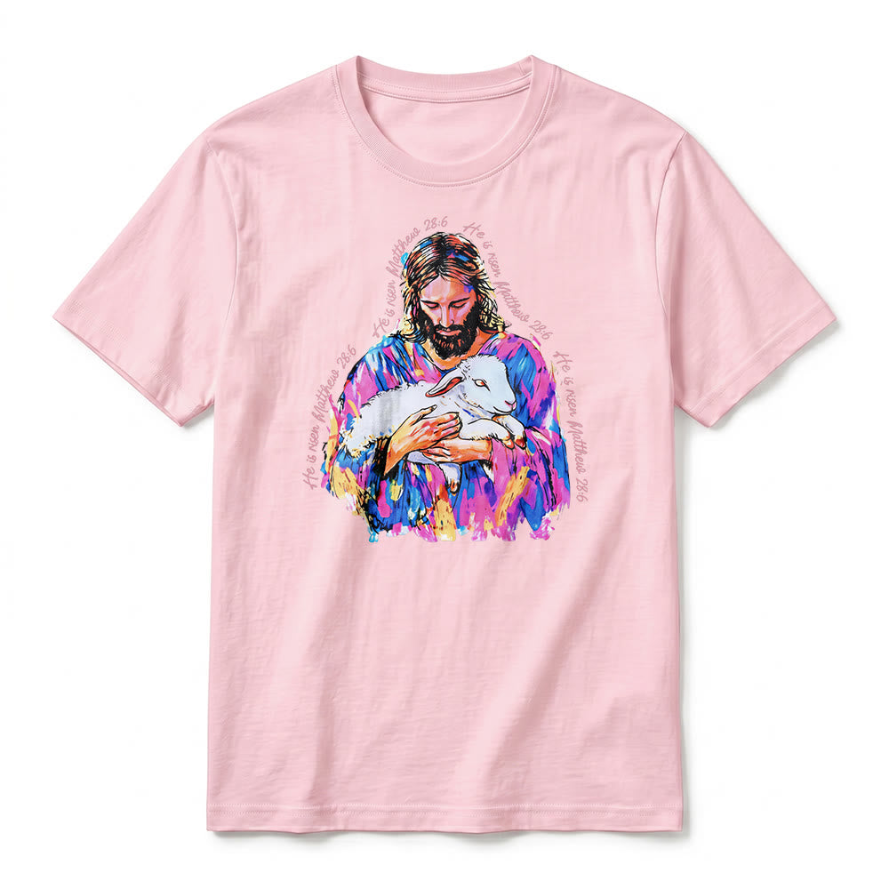Christianartworkshop "He is Risen Matthew 28:6" Jesus and the Lamb Premium Short Sleeve T-Shirt - image 26