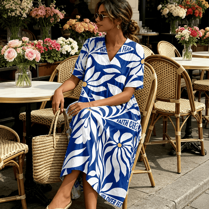 Christianartworkshop "Faith Over Fear" Tropical Floral Print V-Neck Short Sleeve Midi Dress - image 0