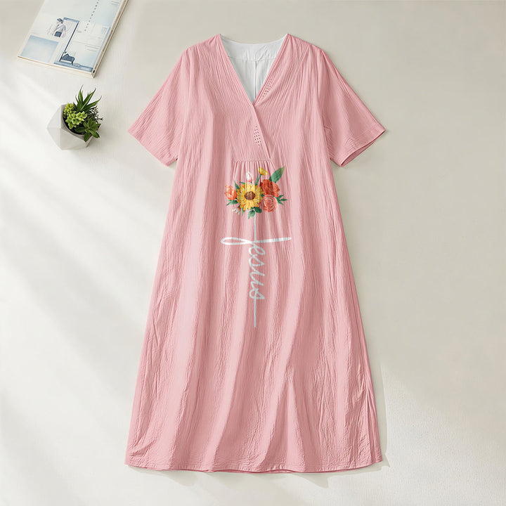 Christianartworkshop Jesus Script Cross & Sunflower Floral V-Neck Short Sleeve Midi Dress - Pink - 4XL - image 8