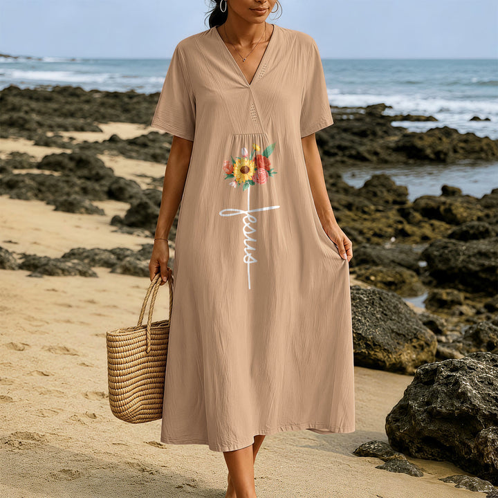 Christianartworkshop Jesus Script Cross & Sunflower Floral V-Neck Short Sleeve Midi Dress - image 7