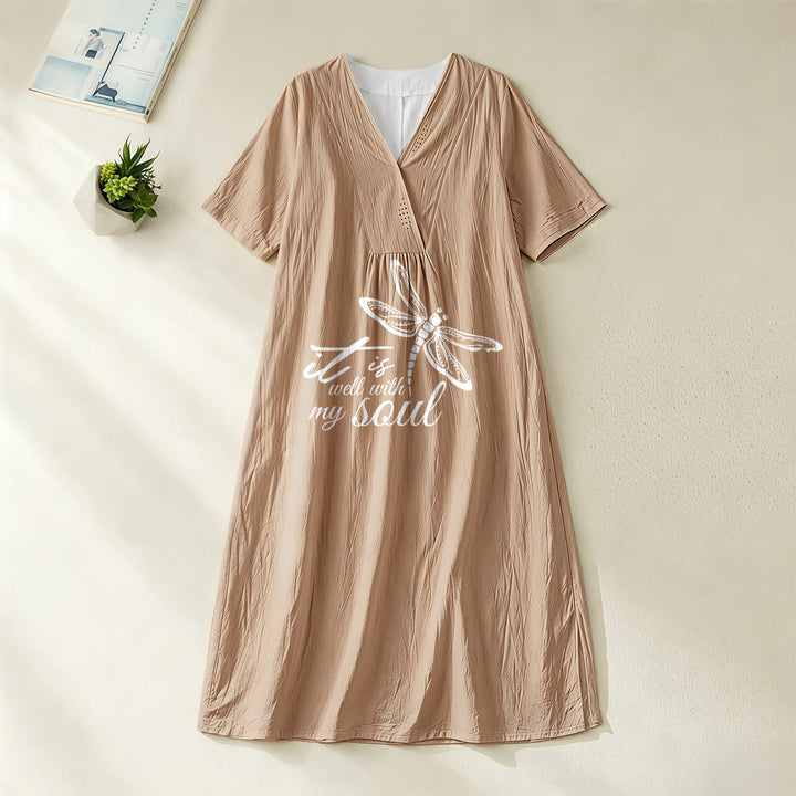 Christianartworkshop Summer Beach Faith Verse Dragonfly V-Neck Short Sleeve Midi Dress - Khaki - 4XL - image 6