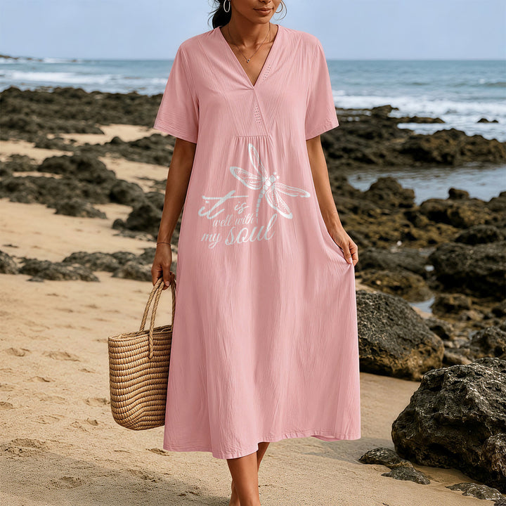 Christianartworkshop Summer Beach Faith Verse Dragonfly V-Neck Short Sleeve Midi Dress - image 9