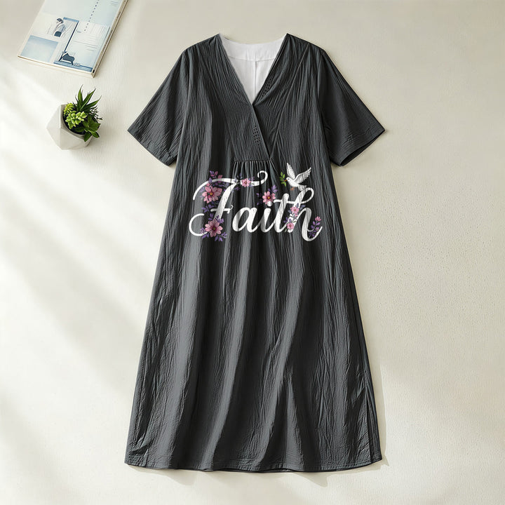 Christianartworkshop Faith Script White Dove & Blossom Print V-Neck Beach Midi Dress - Black - 4XL - image 4