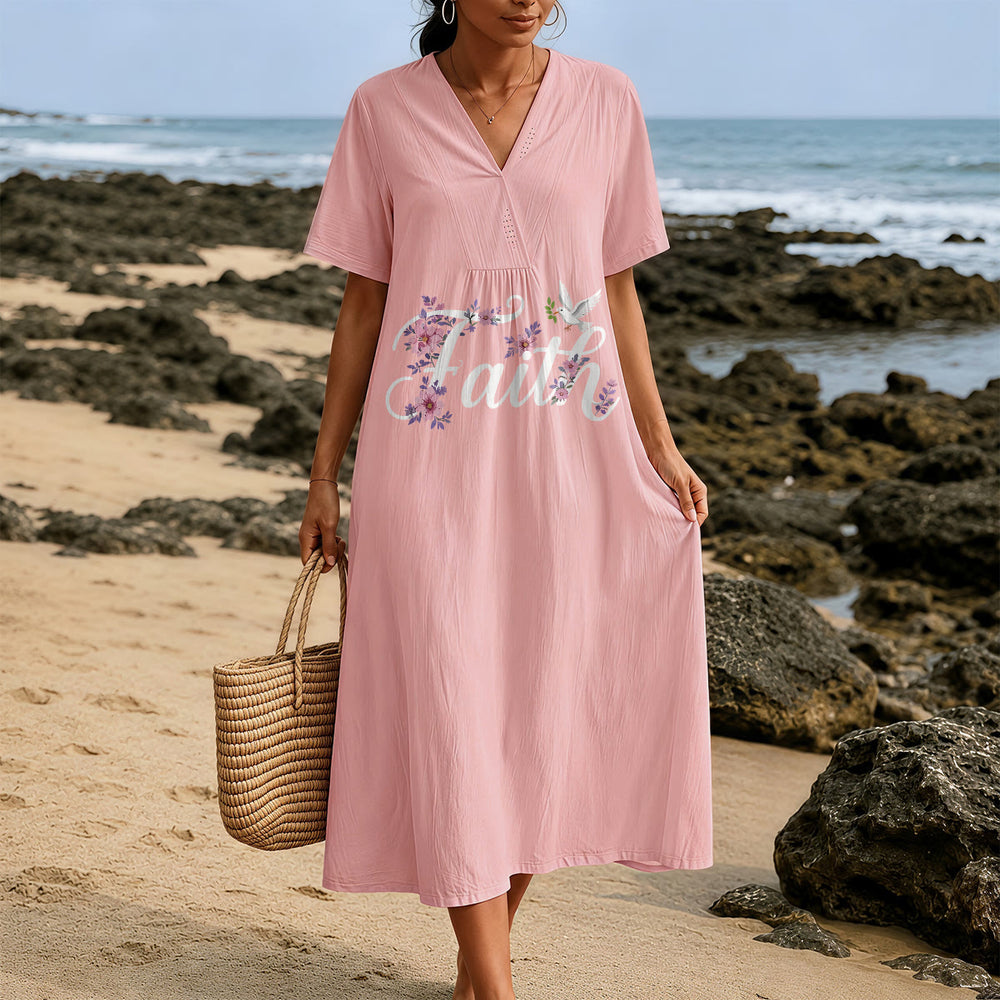 Christianartworkshop Faith Script White Dove & Blossom Print V-Neck Beach Midi Dress - image 1