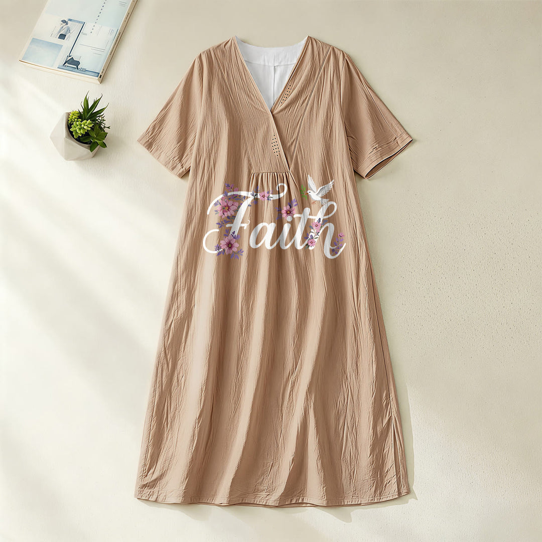 Christianartworkshop Faith Script White Dove & Blossom Print V-Neck Beach Midi Dress - Khaki - 4XL - image 8