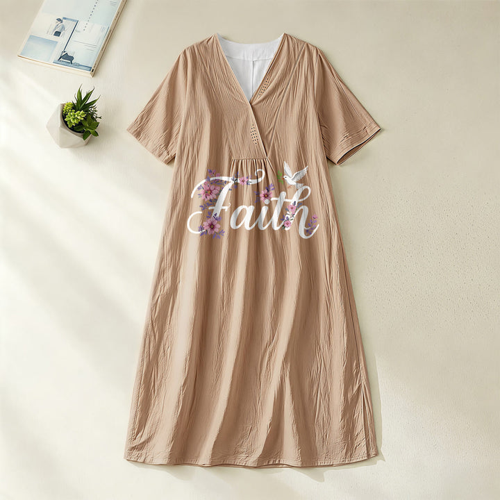 Christianartworkshop Faith Script White Dove & Blossom Print V-Neck Beach Midi Dress - Khaki - 4XL - image 8
