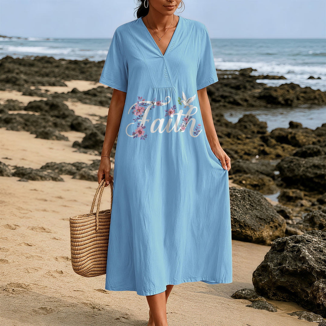 Christianartworkshop Faith Script White Dove & Blossom Print V-Neck Beach Midi Dress - image 7