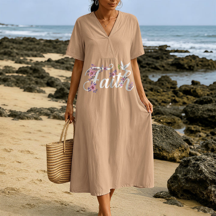 Christianartworkshop Faith Script White Dove & Blossom Print V-Neck Beach Midi Dress - image 9