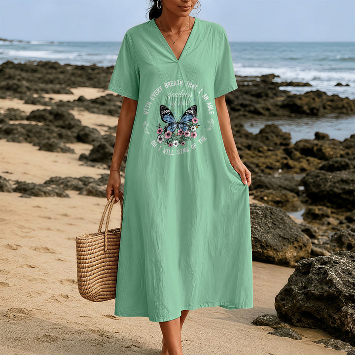 Christianartworkshop Bible Verse Butterfly & Floral Wreath V-Neck Short Sleeve Midi Dress - image 3