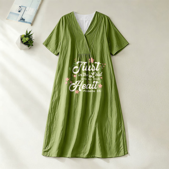 Christianartworkshop Trust In The Lord With All Your Heart Proverbs 3:5 Floral V-Neck Midi Dress - Olive Green - 4XL - image 0