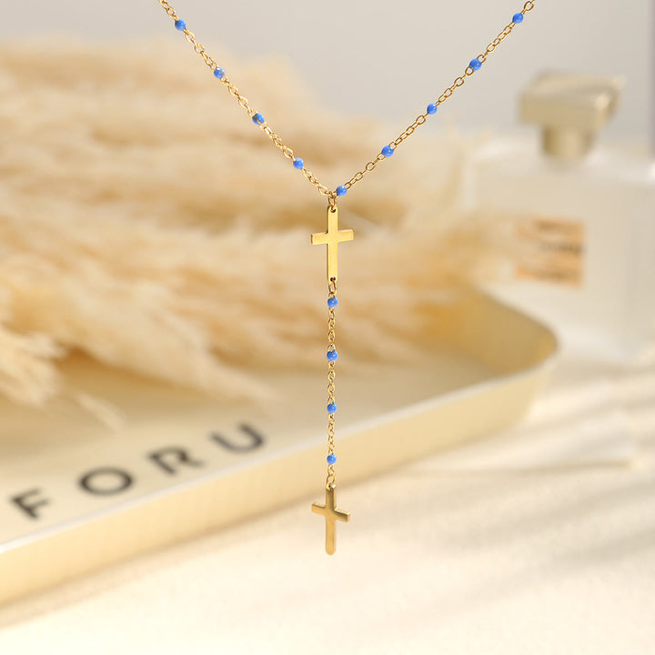 Christianartworkshop Layered Cross Drop Necklace: Embodying Steadfast Grace and Heavenly Blessing - Royal Blue - image 6