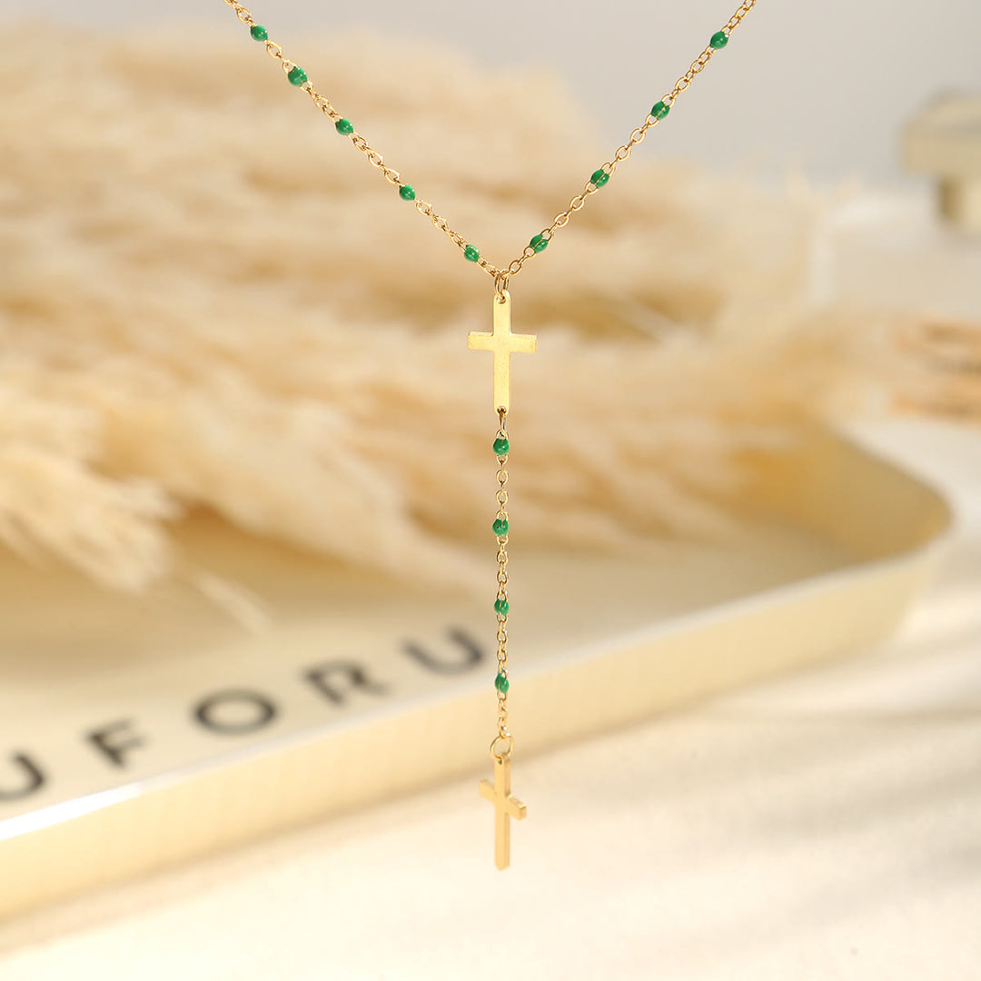 Christianartworkshop Layered Cross Drop Necklace: Embodying Steadfast Grace and Heavenly Blessing - Dark Green - image 12