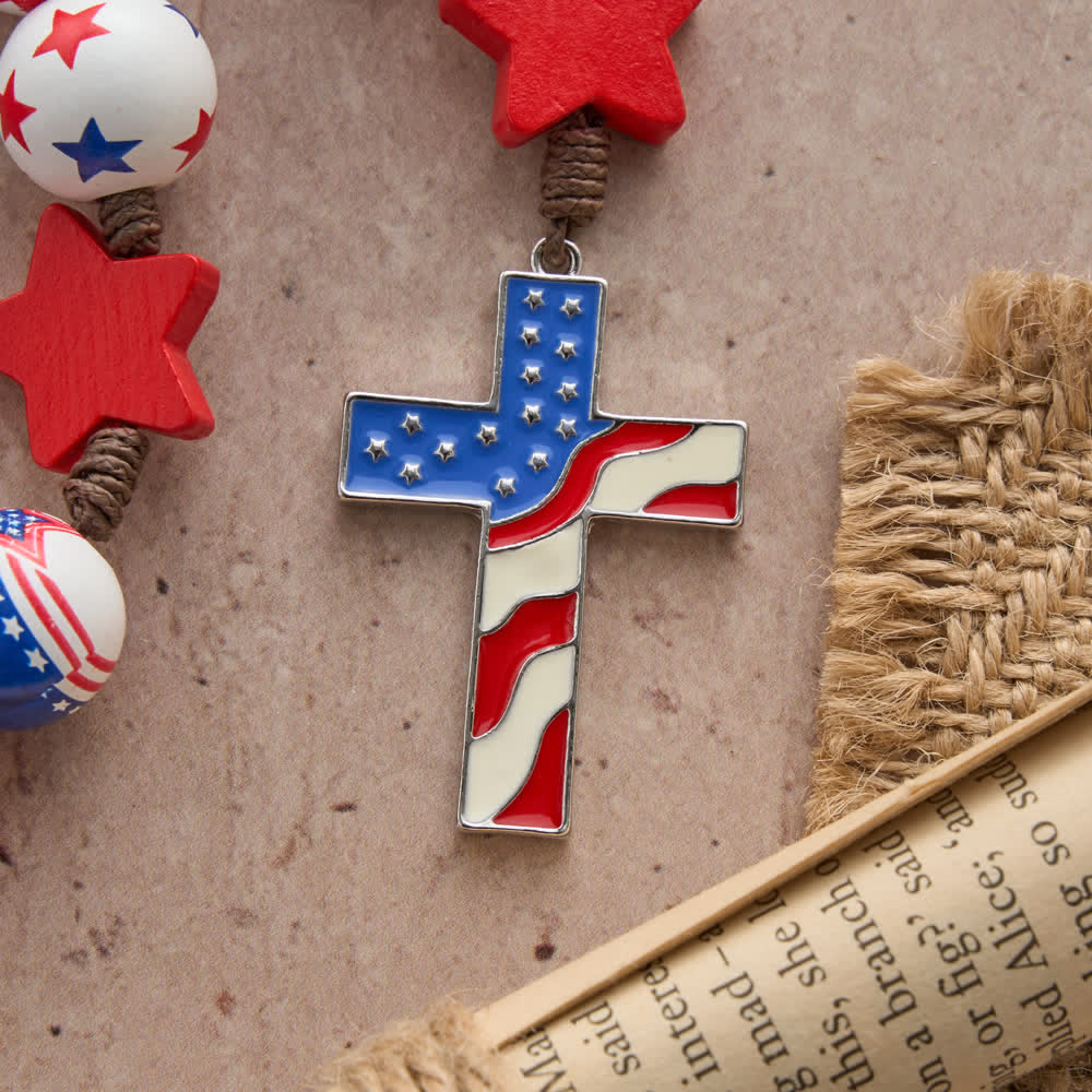 Christianartworkshop Patriotic American Flag Cross Rosary with Red White Blue Stars & Stripes Beads - image 5