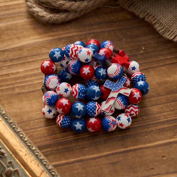 Christianartworkshop Patriotic American Flag Cross Rosary with Red White Blue Stars & Stripes Beads - image 2