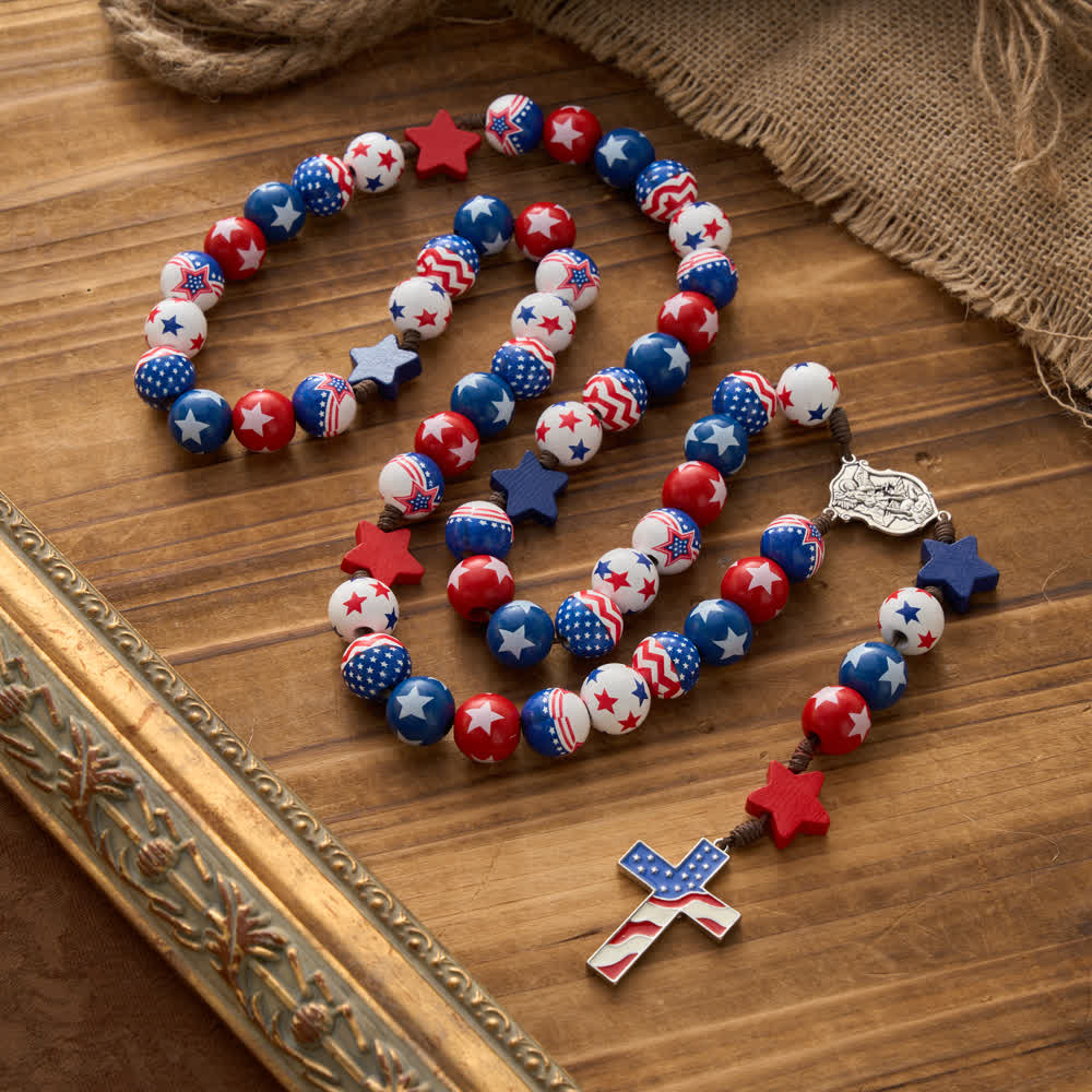 Christianartworkshop Patriotic American Flag Cross Rosary with Red White Blue Stars & Stripes Beads - St. Michael & USA Flag Cross - image 0