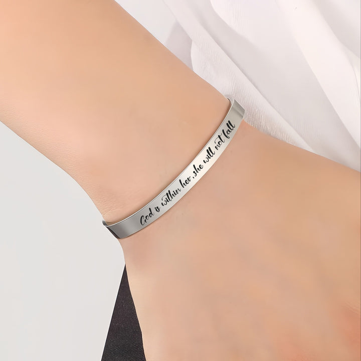 Christianartworkshop Open Cuff Stainless Steel Bible Verse Engraved Bracelet with Tiny Crosses: A Symbol of Firm Faith - image 1