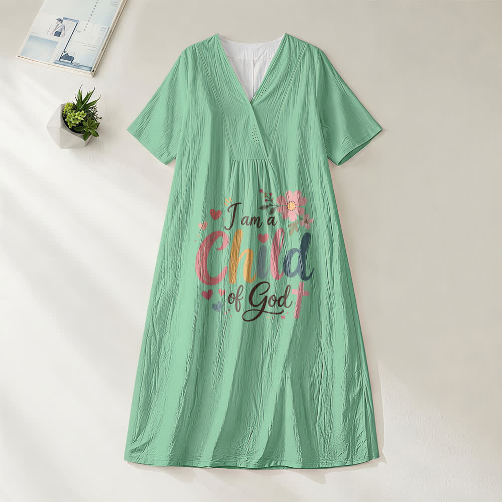 Christianartworkshop I Am a Child of God Floral & Heart V-Neck Short Sleeve Midi Dress - Green - 4XL - image 9