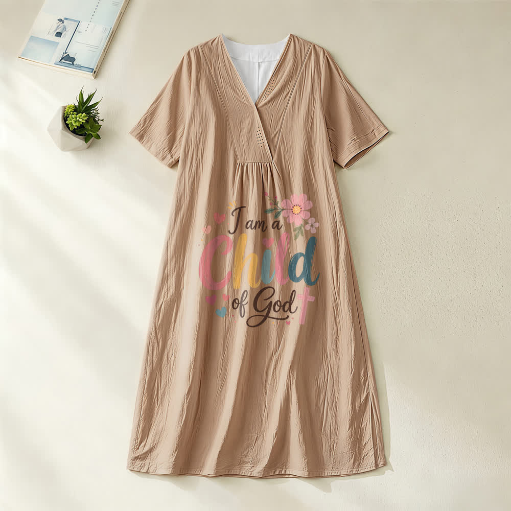 Christianartworkshop I Am a Child of God Floral & Heart V-Neck Short Sleeve Midi Dress - Khaki - 4XL - image 7