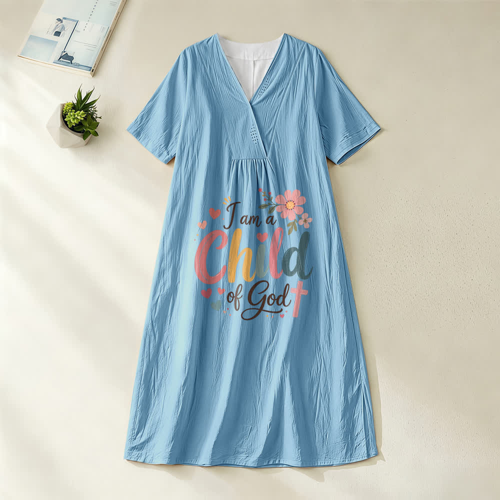 Christianartworkshop I Am a Child of God Floral & Heart V-Neck Short Sleeve Midi Dress - Blue - 4XL - image 5