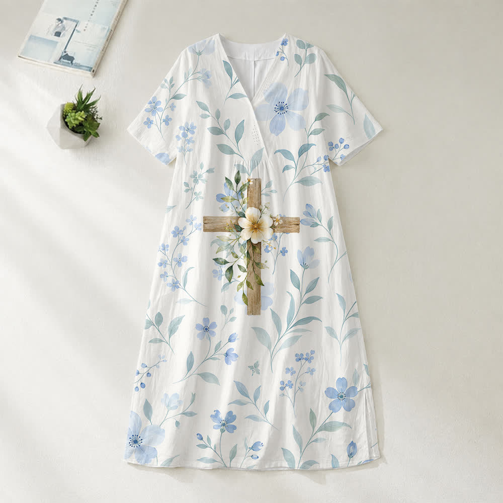 Christianartworkshop Floral Wood Cross Watercolor V-Neck Short Sleeve Midi Dress - image 1