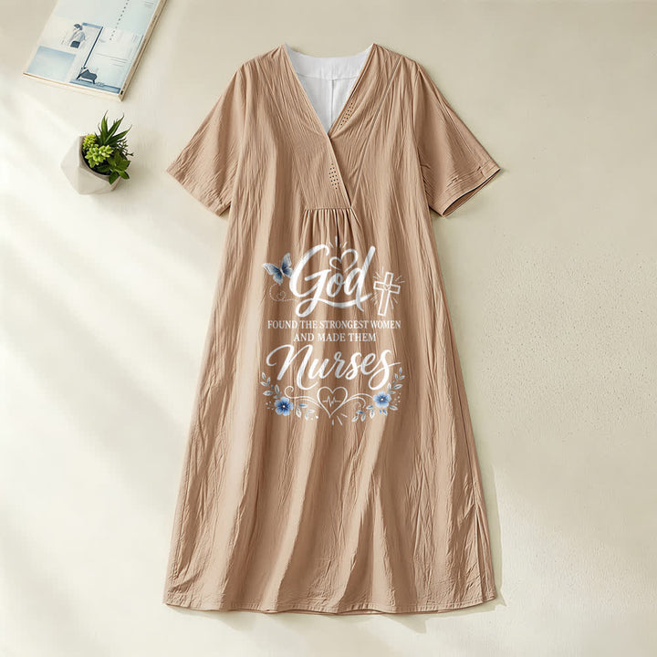 Christianartworkshop God Found the Strongest Women and Made Them Nurses Inspirational V-Neck Short Sleeve Midi Dress - Khaki - 4XL - image 6