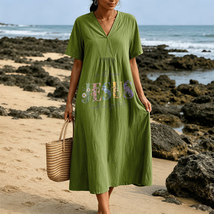 Christianartworkshop Be the Person Jesus Would Want You to Be Floral Jesus V-Neck Short Sleeve Midi Dress - image 11