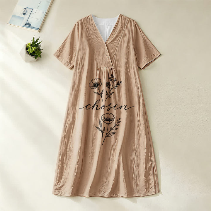 Christianartworkshop Inspirational Chosen Floral Accent V-Neck Short Sleeve Midi Dress - Khaki - 4XL - image 0
