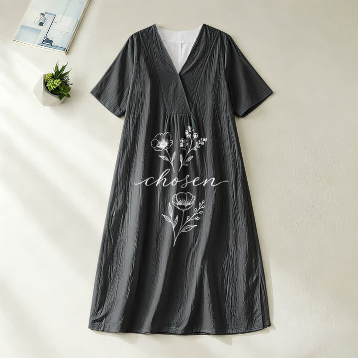Christianartworkshop Inspirational Chosen Floral Accent V-Neck Short Sleeve Midi Dress - Black - 4XL - image 8