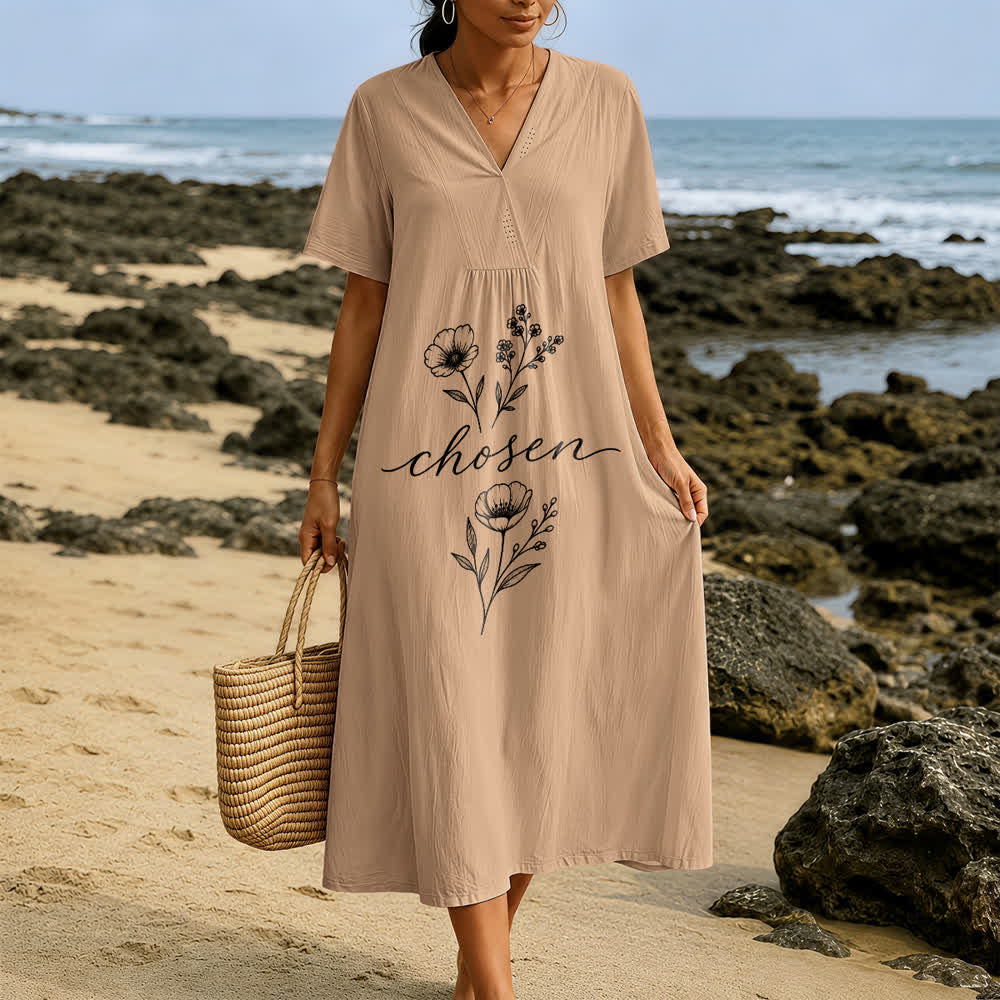 Christianartworkshop Inspirational Chosen Floral Accent V-Neck Short Sleeve Midi Dress - image 1