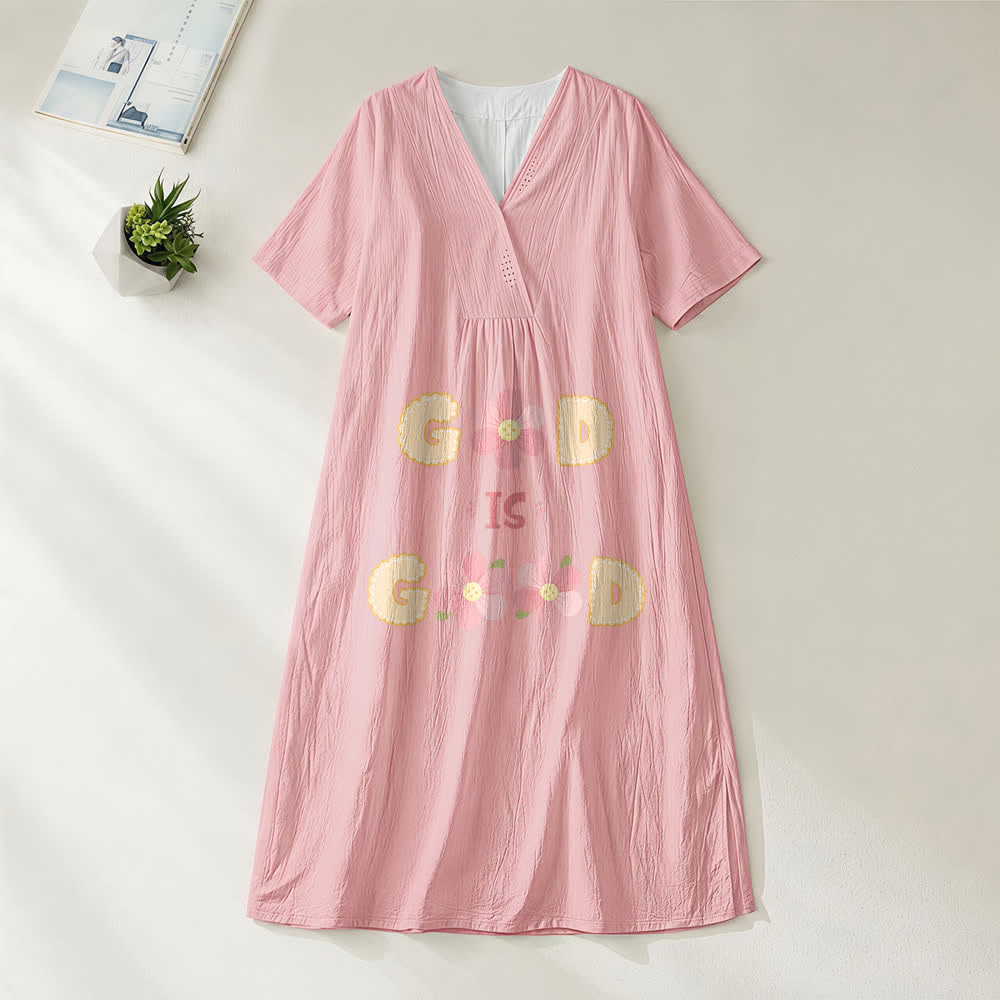 Christianartworkshop Devotional “God Is Good” Floral Statement V-Neck Short Sleeve Midi Dress - image 1