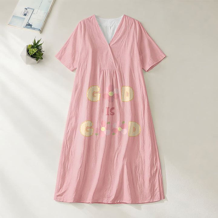 Christianartworkshop Devotional “God Is Good” Floral Statement V-Neck Short Sleeve Midi Dress - image 1