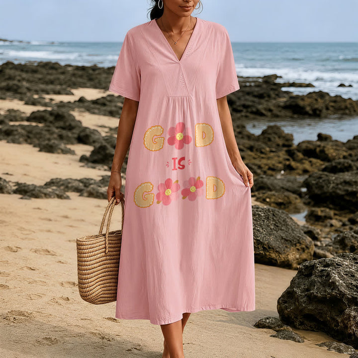 Christianartworkshop Devotional “God Is Good” Floral Statement V-Neck Short Sleeve Midi Dress - Pink - 4XL - image 0