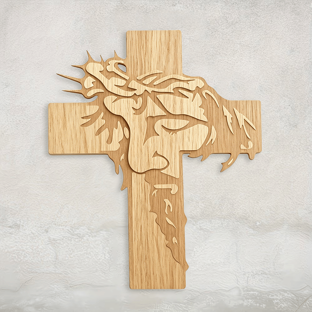 Christianartworkshop Jesus Closed-Eye Meditative Holy Face Thorn Crown Cross Wooden Wall Plaque: Emblem of Mercy - image 0