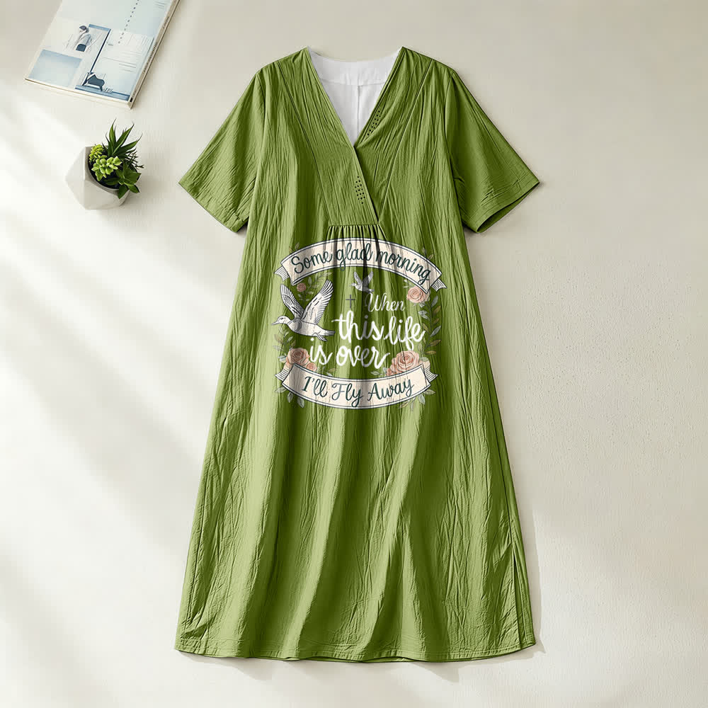 Christianartworkshop Some Glad Morning I'll Fly Away Floral Dove V-Neck Short Sleeve Midi Dress - Olive Green - 4XL - image 10