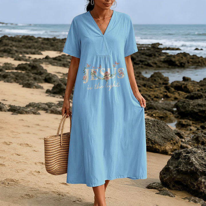 Christianartworkshop Jesus Is The Light Floral Butterfly V-Neck Short Sleeve Midi Dress - image 5