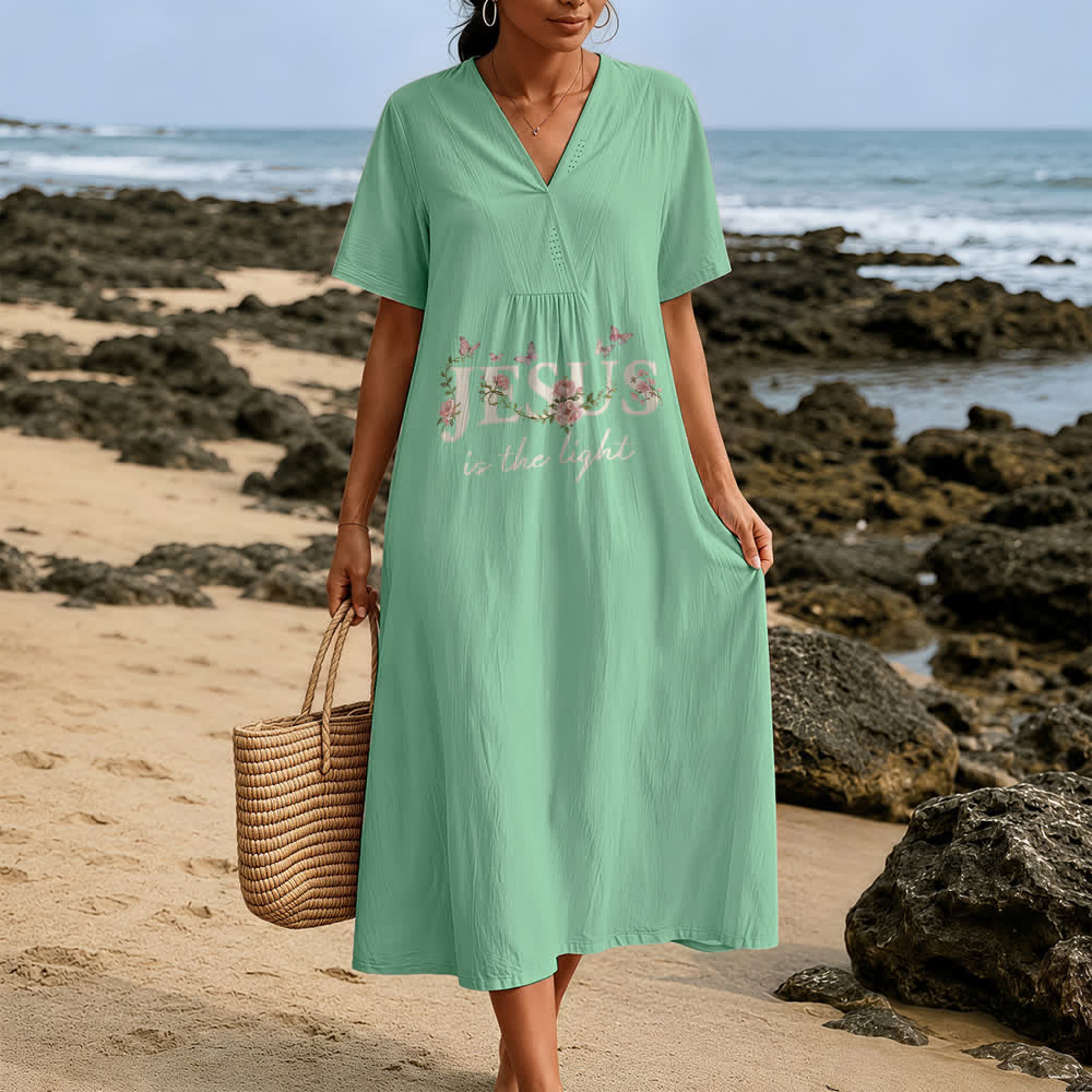 Christianartworkshop Jesus Is The Light Floral Butterfly V-Neck Short Sleeve Midi Dress - image 3