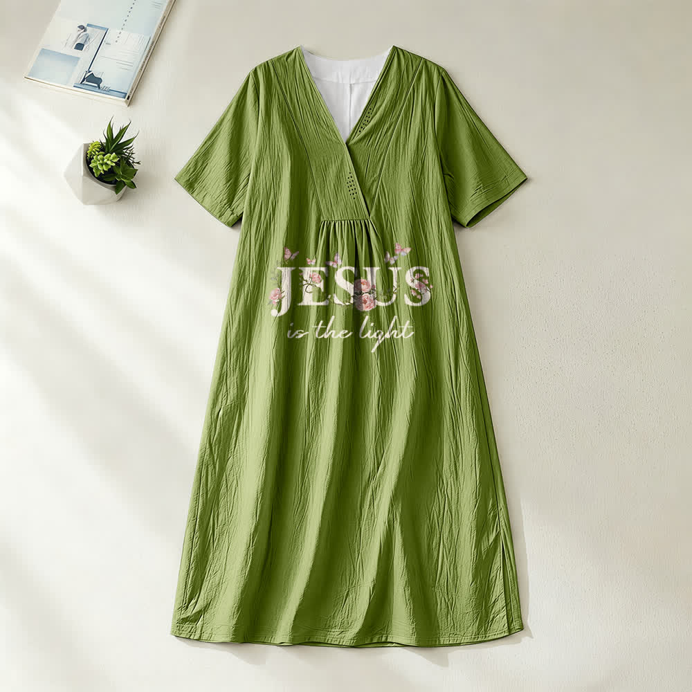 Christianartworkshop Jesus Is The Light Floral Butterfly V-Neck Short Sleeve Midi Dress - Olive Green - 4XL - image 10