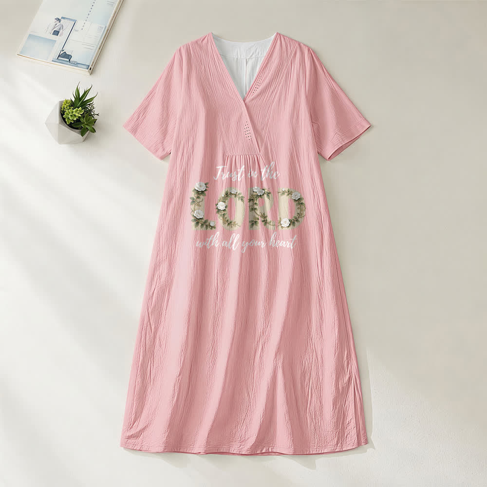 Christianartworkshop Trust In The Lord With All Your Heart Floral V-Neck Short Sleeve Midi Dress - Pink - 4XL - image 0