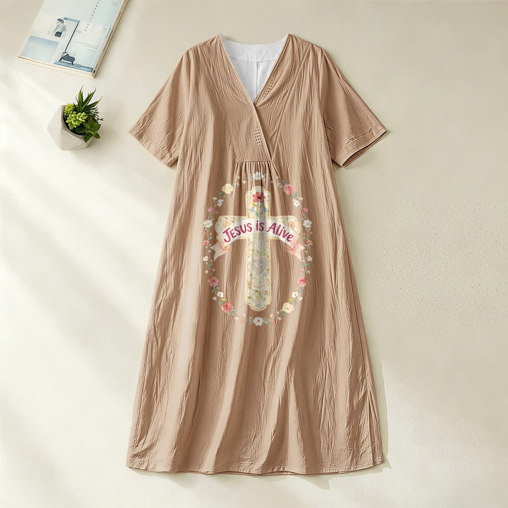 Christianartworkshop Jesus Is Alive Floral Cross V-Neck Short Sleeve Midi Dress - Khaki - 4XL - image 4