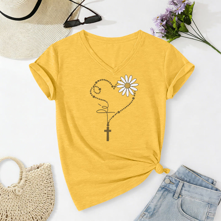Christianartworkshop Golden Dot Heart Cross Daisy Casual V-neck T-shirt - Yellow - 2XL - image 6