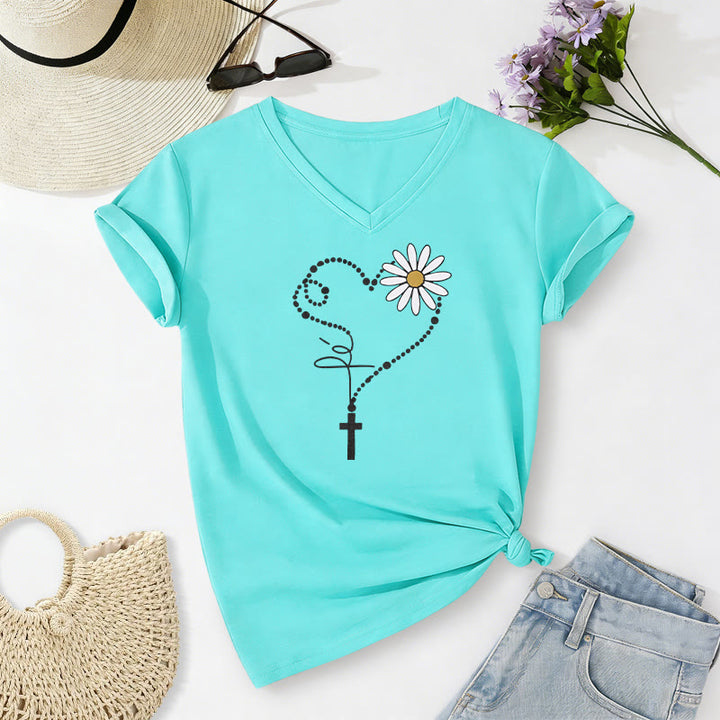 Christianartworkshop Golden Dot Heart Cross Daisy Casual V-neck T-shirt - Sky Blue - 2XL - image 12